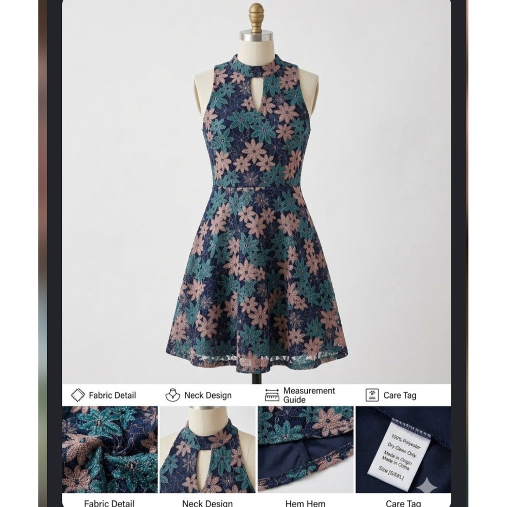 Hey Floral Lace Keyhole Mock Neck Fit and Flare Dress Navy Teal Blush L